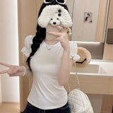 2026 New Arrival Women's Ribbed Knit Puff Sleeve T-Shirt with Built-In Bra, Crew Neck Casual Top for Daily Wear