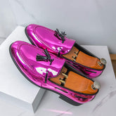Mens Luxury Shiny Pink Patent Leather Tassel Loafers Metallic Magenta Slip on Dress Shoes for Wedding Prom Party Stage Look