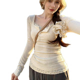 Women 2 in 1 Lace Trim Ribbed Long Sleeve Top Sweet Floral Print Faux Two Piece Slim Fit Square Neck Casual T-Shirt