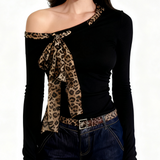 Oblique Shoulder Base Top Vintage Crop Top Leopard Print Bow Long Sleeve T-shirt