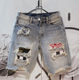Summer Hip Hop Style Denim Men Shorts Straight Leg Harem Pants with Big Knee Destruction and Cashew Flower Ripped Design Shorts