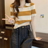 POLO Collar Tops for Women Loose-fit Women's Clothing Splicing Fringe Short-Sleeved Tee