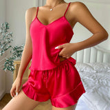 Women's Plus Size Silk-Like Sling Pajama Set - 2-Piece Cami & Shorts Loungewear, Summer Sexy Faux Silk Sleepwear