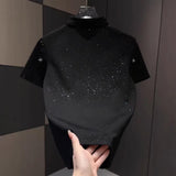 Men Rhinestone Star Bee Embroidery Polo Shirt Black Luxury Short Sleeve Casual Top
