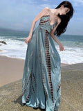 Bohemian Tie Dye Spaghetti Strap Maxi Dress Women V Neck High Waist Flowy Long Dress Holiday Beach Vacation Sundress