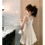 Women White Sleeveless Tiered Mini Dress Square Neck Button Down Ruffle Hem Casual A-Line Summer Sundress