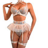 New Flower Embroidered Mesh Strap Hanging Neck Sexy Underwear Complex Sex Four Piece Set for Women