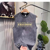Vintage Suede Feel Printed Sleeveless T Shirt Men Loose Crew Neck Cut Off Tank Top Streetwear Casual Vest