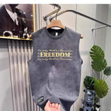 Vintage Suede Feel Printed Sleeveless T Shirt Men Loose Crew Neck Cut Off Tank Top Streetwear Casual Vest