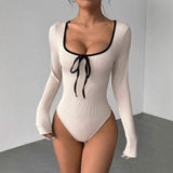 Hot-selling Gentle square Collar Fashion Jumpsuit Bow Long Sleeve Women's Jumpsuit