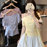 New Arrival Women's Off-Shoulder T-Shirt with Ruched Drawstring & Double Strap