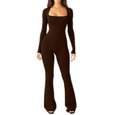 Women Square Neck Long Sleeve Ribbed Jumpsuit Bodycon Flare Leg One Piece Outfit Solid Stretch Slim Fit Casual Bodysuit Pants