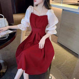 Women Burgundy Color Block Puff Sleeve Midi Dress Pearl Trim Square Neck High Waist A Line Dress