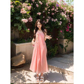 Pink Loose Spaghetti Strap Midi Dress Floral Applique Casual Swing Dress for Women