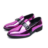 Mens Luxury Shiny Metallic Magenta Patent Leather Loafers Slip on Dress Shoes With Buckle Strap for Wedding Party Prom