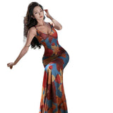 Women Built-in Bra Floral Mermaid Maxi Dress V Neck Spaghetti Strap Bodycon Dress Vintage Oil Painting Print Summer Sundress