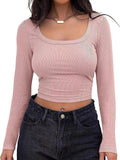 Ribbed Long-sleeved Top Square Collar Crop Top Slim-fit Long-sleeved T-shirts