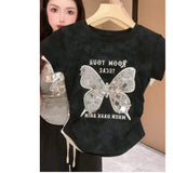 New Arrival Women's Tie-Dye T-Shirt with Sequin Butterfly & Letter Print TOP