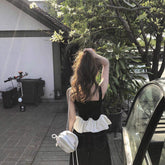 Women Ruffle Hem Tank Top U Neck Sleeveless Peplum Waist Slim Fit Contrast Patchwork Cropped Camisole Casual Street Tops