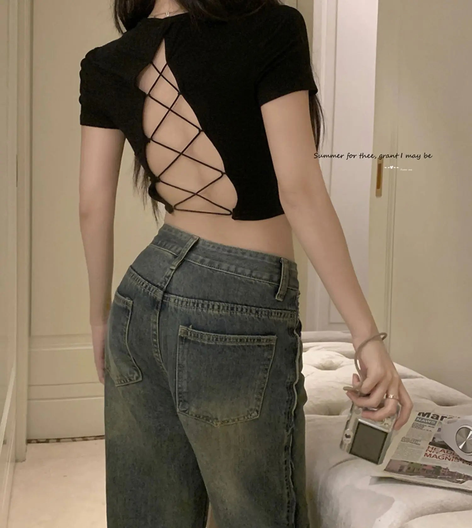 Backless Women's T-shirts Bra Pad Tops for Women Sex Appeal Short - Sleeved Tee - Zeprah