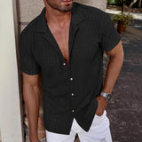 Men Hollow Waffle Knit Short Sleeve Shirt Breathable Textured Button up Shirt Summer Beach Casual Shirts for Men