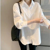 Basic Long - sleeved White Shirt Trendy Bestselling Shirt Turndown Tops for Women - Zeprah