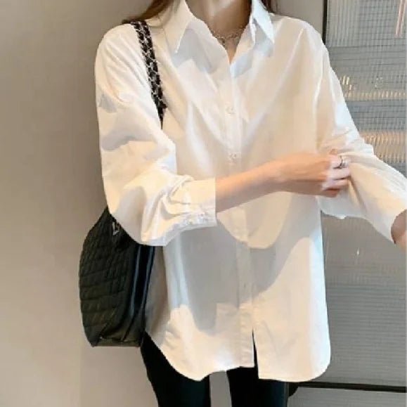 Basic Long - sleeved White Shirt Trendy Bestselling Shirt Turndown Tops for Women - Zeprah