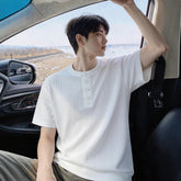 Men Vertical Rib Knit Henley T Shirt Button Placket Crew Neck Short Sleeve Loose Fit Soft Knitted Tops for Daily Streetwear