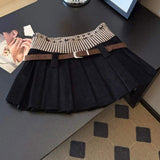 Women Corduroy Pleated Mini Skirt Elastic Knit Waist Short Skirt Free Matching Belt Y2K High Waist A-Line Skirt