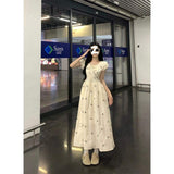Beige Bow Print Short Sleeve Maxi Dress Square Neck A-Line Casual Dress for Women