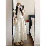 Beige Bow Print Short Sleeve Maxi Dress Square Neck A-Line Casual Dress for Women