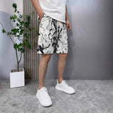 Breathable Daily Wear Textured Casual Drawstring Shorts Edgy Graffiti Print Men's Streetwear Casual Shorts