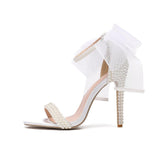 Women Hot Pink Pearl Beaded Open Toe Stiletto Heels Tulle Bow Ankle Strap Sexy Sandals for Ladies Wedding Party Prom Dress Shoes