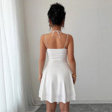 Burgundy Satin Halter Neck Mini Dress Cowl Neck Ruched Flared Skirt Party Dress for Women