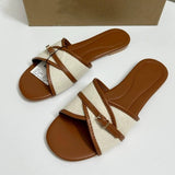 Sandales Plates New Style Casual Women's Flat Woven Slip-On Sandals - Fashionable Roman Style Buckle Strap Slippers