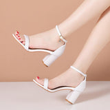 Women Quality Pearl Decorated Open Toe Block Heel Sandals Ankle Strap With Rhinestone Buckle for Bridal Wedding Events