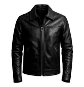 Shirt Collar Black Style Lambskin Leather Jacket