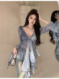Blue Ruffled Long - sleeved Shirt Women's French V - neck Top High - end Tie - dyed Niche Chic Small Shirt Autumn - Zeprah