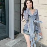Blue Ruffled Long - sleeved Shirt Women's French V - neck Top High - end Tie - dyed Niche Chic Small Shirt Autumn - Zeprah