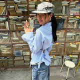 Blue striped printed women's long sleeved shirt fashionable street style backless button up cardigan - Zeprah