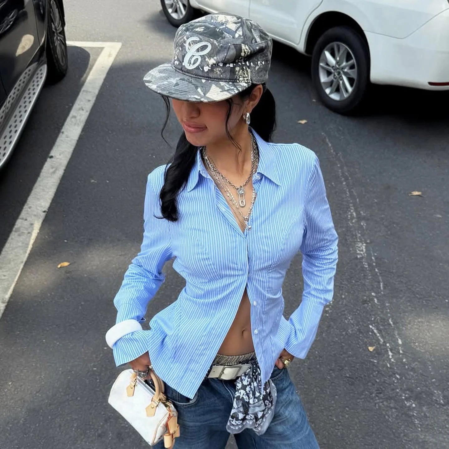 Blue striped printed women's long sleeved shirt fashionable street style backless button up cardigan - Zeprah