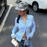 Blue striped printed women's long sleeved shirt fashionable street style backless button up cardigan - Zeprah