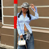 Blue striped printed women's long sleeved shirt fashionable street style backless button up cardigan - Zeprah