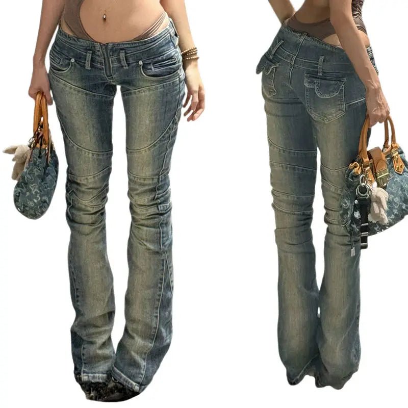 Blue Wash Low Waist Skinny Jeans Breathable Eco - Friendly Vintage Patchwork Distressed Woven Denim Autumn Women's - Zeprah