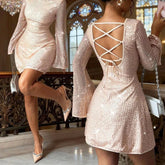 Blush Pink Sequin Cross - Back Mini Dress - Zeprah