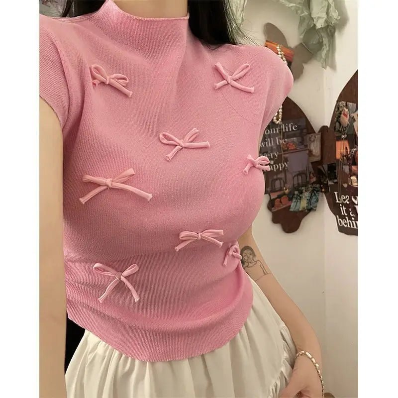 Bow Crop Top Fashionable Tops for Women Short - sleeved Knitwear - Zeprah