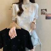 Bow Graphic Tee Bow Round Neck Tops for Women Ice Silk Knitted T-shirt for Women - Zeprah