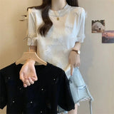 Bow Graphic Tee Bow Round Neck Tops for Women Ice Silk Knitted T-shirt for Women - Zeprah