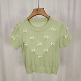 Bow Graphic Tee Bow Round Neck Tops for Women Ice Silk Knitted T-shirt for Women - Zeprah