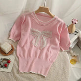 Bow Graphic Tee Knitting Tops for Women Crewneck Short - Sleeved Tee - Zeprah